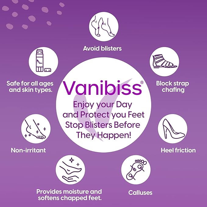 Vanibiss Foot Anti-Blister Balm - Foot Blister Prevention - Anti-Friction Balm Stick & Chafing Relief for Feet - Heel Blister Blocker - Prevent Shoe Strap Friction - Natural Care for Feet (0.45oz)