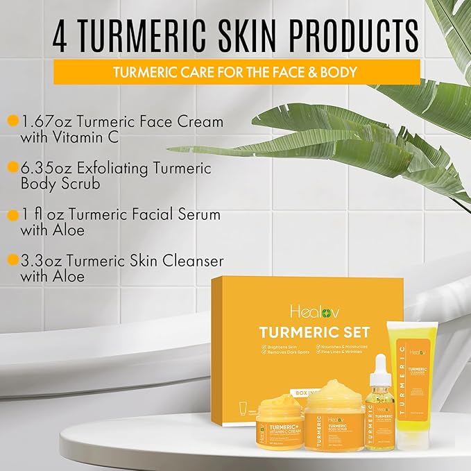 Healov Turmeric Skincare Set - Turmeric Skin Care Products Brightening & Acne - Turmeric Skin Care Kit, Turmeric Skin Care Set - Turmeric Cleanser, Body Scrub, Face Cream & Facial Serum