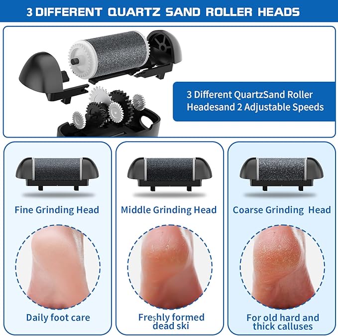 Electric Foot Callus Remover, Rechargeable Portable Electronic Foot File Pedicure Kits, Waterproof Foot Scrubber File, Professional Pedicure Tools, Foot Care for Dead Skin Ideal Gift, 3 Rollers
