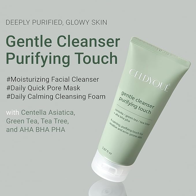 CELDYQUE Gentle Cleanser Purifying Touch – Centella, Tea Tree & Green Tea | AHA BHA PHA Exfoliating Face Wash for Sensitive, Acne-Prone Skin | Calming, Pore Purifying Korean Cleansing Foam, 5.07 fl oz
