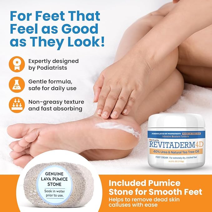 Revitaderm 4D 40% Urea Advanced Foot Cream for Cracked Heels & Dry Skin, Intensive Repair for Rough, Callused Feet, Fast Absorbing, Fragrance Free, Made in USA, 4 oz with Pumice & Brush, 1 Pack