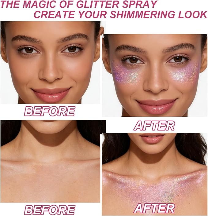 Hair and Body Glitter Spray, Shimmering Powder Sparkle Powder Makeup, Glitter Loose Sparkle Makeup for Body Highlighter,Festival Prom Rave Accessories (Metallic Beauty Beam)