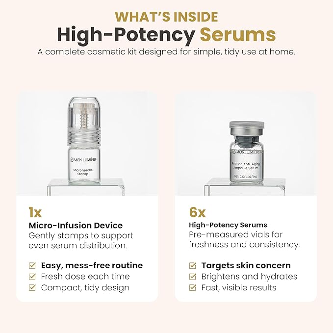 Mon Lumiere Micro Infusion System for Face – Gold Spring-Loaded Facial Stamp with PDRN & Peptides – At-Home Skincare Kit for Glow, Smoother-Looking Skin & Visible Radiance – 12 Single-Dose Serums