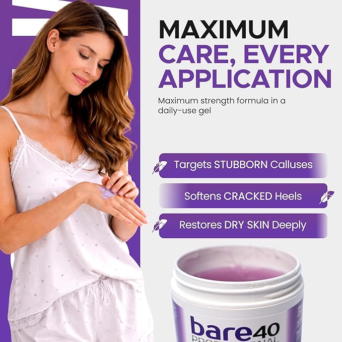 BARE 40 PRO 40% Urea Gel with 2% Salicylic Acid, Hyaluronic Acid, Tea Tree Oil & Aloe Vera – Exfoliating & Hydrating Foot and Body Gel for Dry, Rough Skin, 4oz Jar, Made in USA