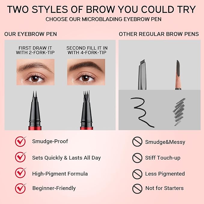 Vevivia 2 Pack Eyebrow Pen with Brush, 4 Tip&2 Tip Waterproof Eyebrow Pencils for Women,Microblading Eyebrow Pencils for All Brow Types to Create Hair-Like Brows,Non Dry Out, All-Day Wear,Black Brown