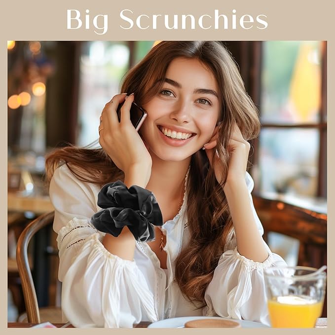 Lolalet Big Satin Scrunchies for Women, 5.9 Inch Large Oversized Scrunchie, Soft Jumbo/Giant Scrunchies Hair Ties for Thick & Curly Hair -4 Pack, All black
