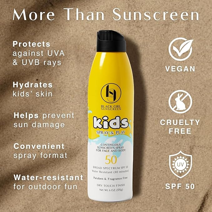 Black Girl Sunscreen Kids Sunscreen Spray & Play- Sun Protection for Kids' Skin, SPF 50 Sun Screen for Face & Body, Water Resistant, Ideal for Beach & Travel, No White Cast for Melanin Rich Skin- 6 oz