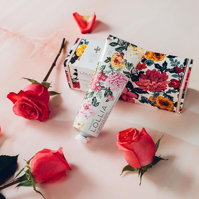 LOLLIA Always In Rose Hydrating Handcreme, 4 oz./113 g, Luxury Moisturizing Rose & Hibiscus Scented Hand Cream, Lotion for Women for Soft Skin, Everyday Purse Essentials