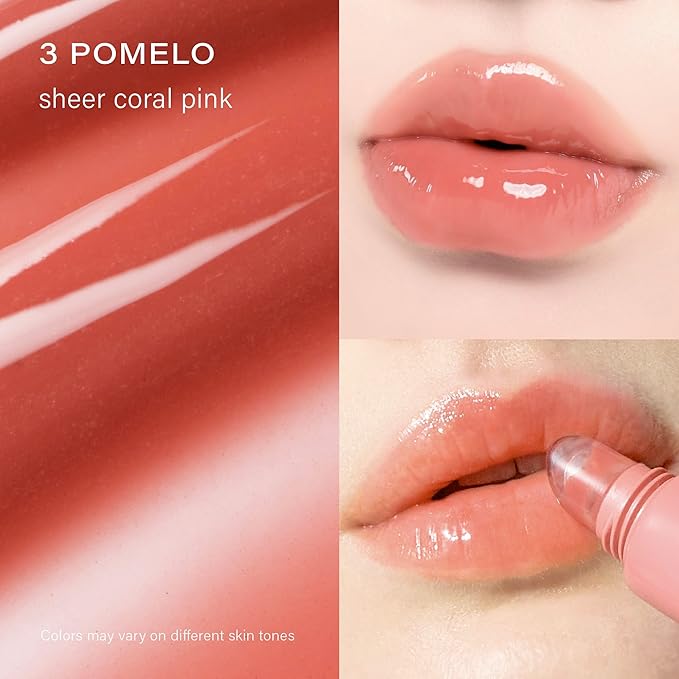 Melixir Vegan Lip Treatment, Sheer Tinted Lip Balm for Instant Hydration & Shine, Moisturizing Lip Gloss, Infused with Vegan Collagen & Jojoba Oil, Cruelty-Free, Korean Skincare-3 Pomelo(0.5oz/15g)
