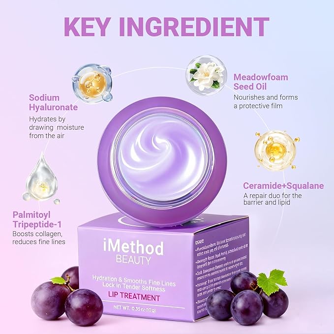 iMethod Overnight Lip Mask - Hydrating Lip Butter Balm with Hyaluronic Acid, Lip Moisturizer For Very Dry Lips, Lip Sleeping Mask to Nourish & Repair Cracked Lips, Smoothes Fine Lines - Grape