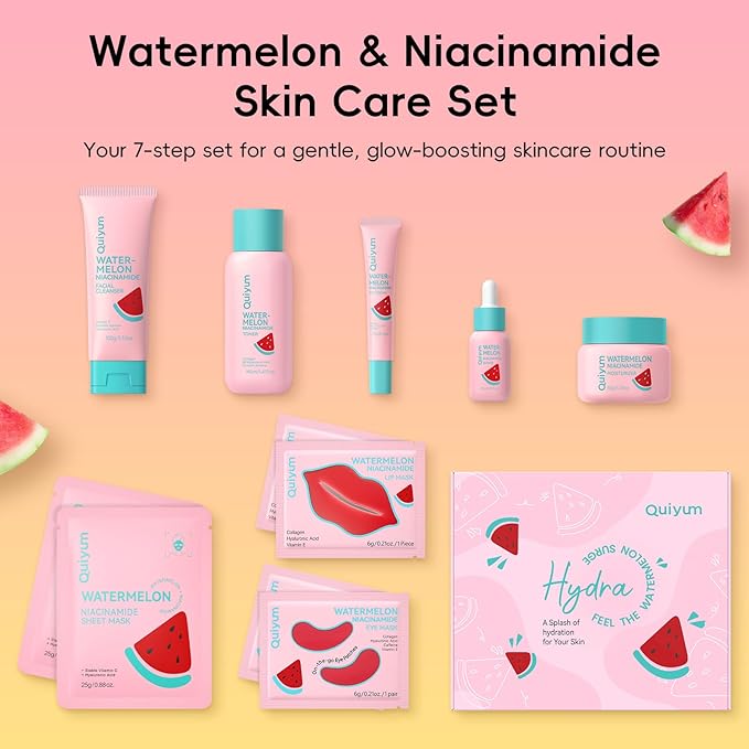 QUIYUM Watermelon & Niacinamide Skin Care Sets, Routine Facial Skincare Product, Beauty for Women, Hydration, Moisturizing, Oil Control, Glow Up, Teen Girl Gifts Trendy Stuff, Spa-Like at Home