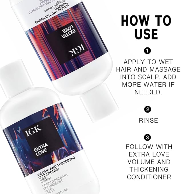 IGK EXTRA LOVE Volume & Thickening Shampoo | Volumizing Shampoo for Fine, Thin Hair | Hydrates + Supports Scalp Care | Vegan + Cruelty Free | 8 oz (Pack of 2)