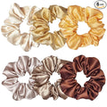 6 Pcs Satin Silk Scrunchies, Soft Hair Ties, Fashion Bands, Hair Bows, Ponytail Holders, Elastic Bracelets - Hair Accessories for Women and Girls (4.5 Inch, Yellow and Brown)