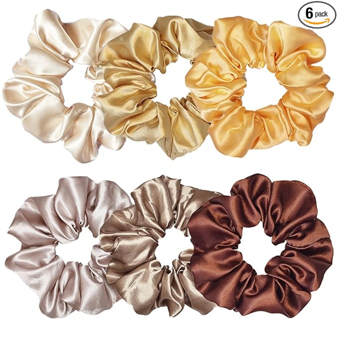 6 Pcs Satin Silk Scrunchies, Soft Hair Ties, Fashion Bands, Hair Bows, Ponytail Holders, Elastic Bracelets - Hair Accessories for Women and Girls (4.5 Inch, Yellow and Brown)