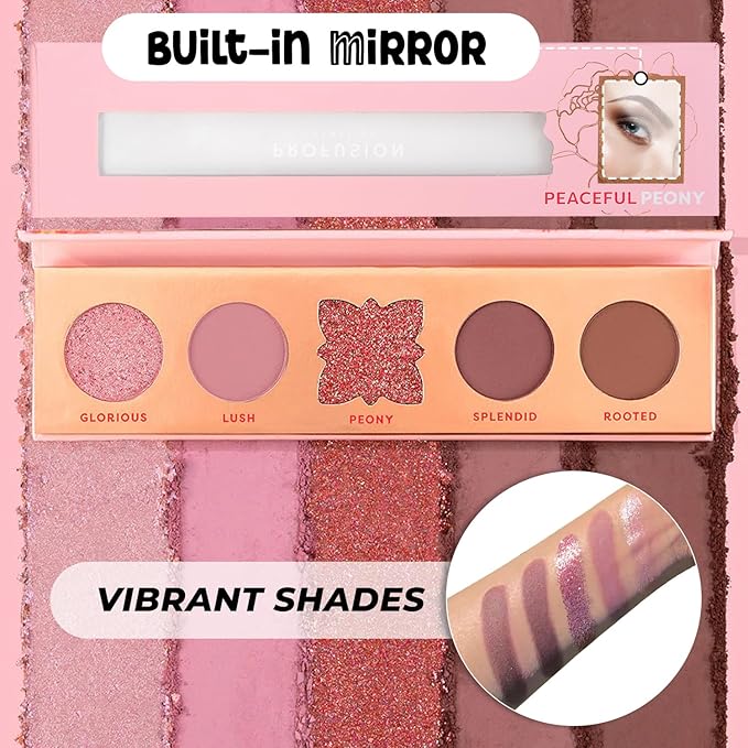 Profusion Cosmetics 5-Shade Mini Eyeshadow Palette - Highly Pigmented with Matte & Shimmer Finishes, Blendable Travel-Friendly Kit, Vegan & Cruelty-Free Makeup (Peaceful Peony)