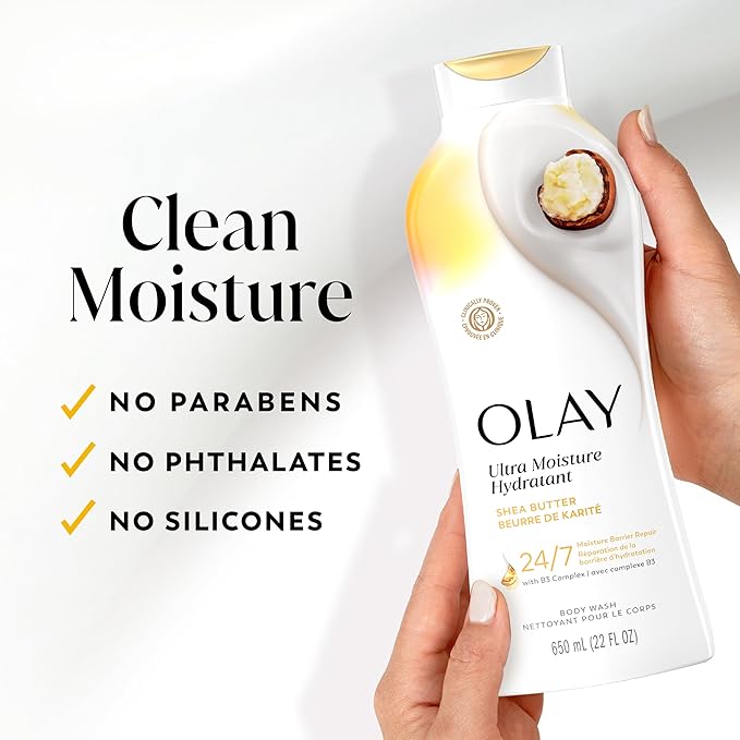 Olay Body Wash for Women, Ultra Moisture, 24hr Moisturizing, Hydrating & Refreshing, B3 Vitamin Complex, Free of Parabens & Phthalates, For All Skin Types, Shea Butter Scent, 22 fl oz