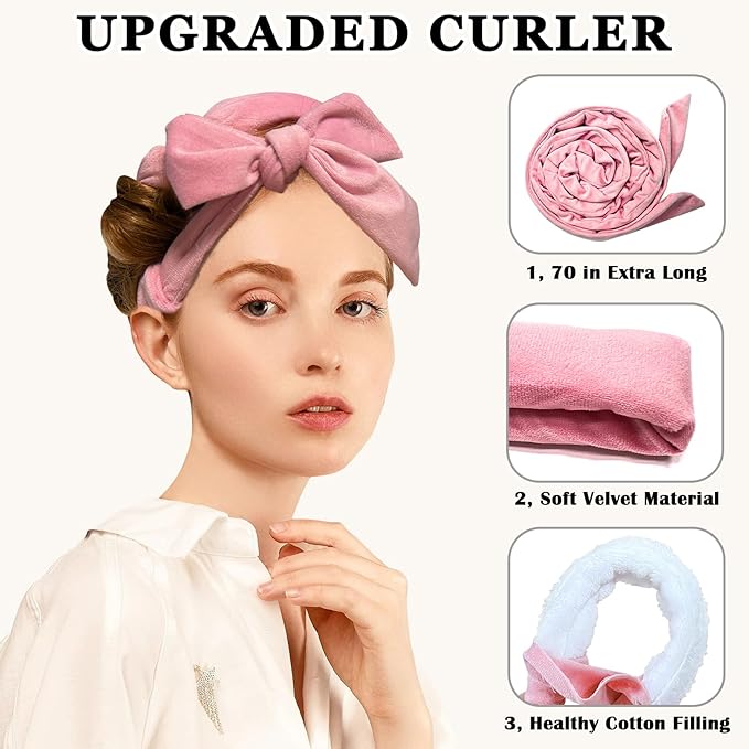 Gwabee Soft Overnight Curl Headband, 70" Hair Curlers Ribbon Wrap for Long Hair with 9 PCS Rods and Yoga Strap - Pink