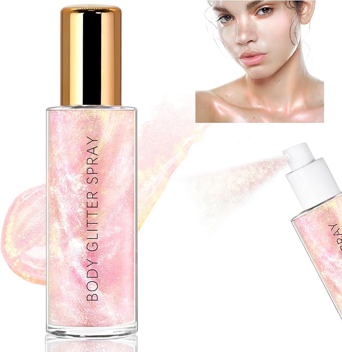 HOSAILY Body Glitter Spray, Holographic Body Shimmer Quick-Drying and Non-Sticky Duochrome Glitter Hairspray for Face Clothes, Sparkle Highlighter Makeup Festival Rave Accessories, Pink