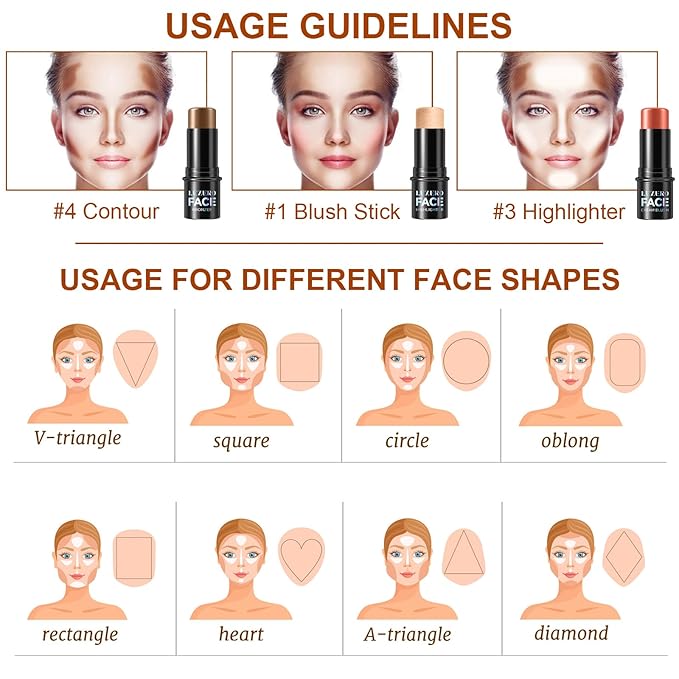 Lezero 3Pcs Contour Stick Makeup Kit, Shades with Highlighter, Blush and Bronzer Stick for Sculpt the Face and All Skin Type, Long Lasting, Smooth, Dewy & Matte Finish, MEDIUM