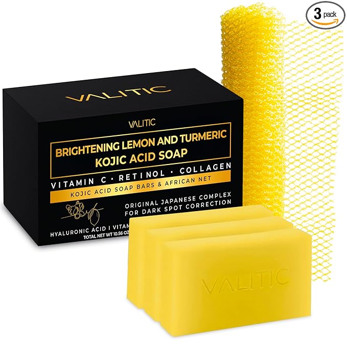 VALITIC Brightening Lemon & Turmeric Kojic Acid Soap, Vitamin C, Retinol - Original Japanese Complex with Hyaluronic Acid, Vitamin E, Shea Butter, Castile Olive Oil - 3 Pack Bundle with African Net