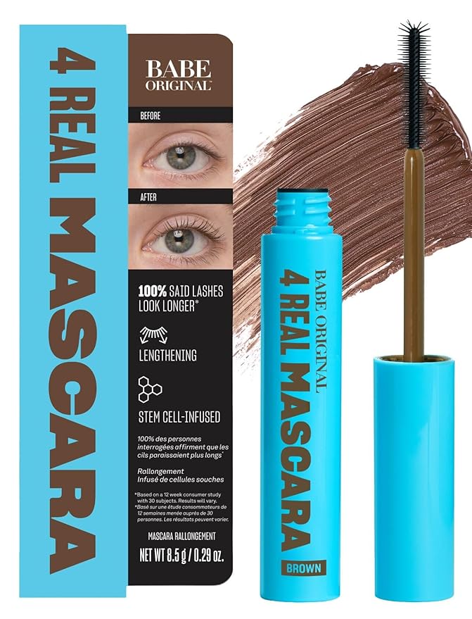 Babe Original 4 Real Mascara Brown for Volume, Length, and Lift in Eyelashes, Defined & Flutterly Look, Vegan & Cruelty-Free, (Brown)
