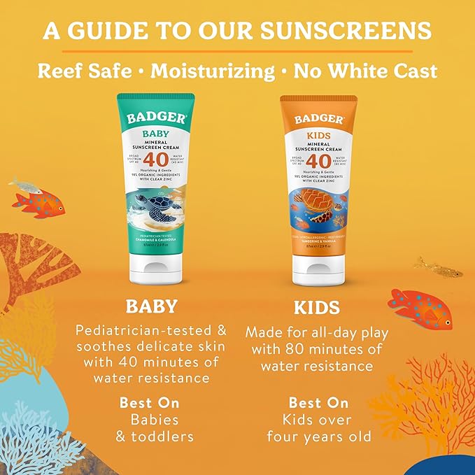 Badger Kids Mineral Sunscreen Cream SPF 40, 98% Organic Ingredients, Zinc Oxide Sunscreen for Kids Face & Body, Water Resistant, Reef Friendly, Hawaii Approved Sunblock, 2.9 fl oz, 2-Pack