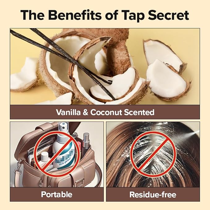 I DEW CARE Tap Secret Dry Shampoo Powder with Biotin & Korean Ginseng - Natural Non-Aerosol Dry Shampoo for Women | Warm Vanilla & Coconut Scent, Volumizing Hair, Travel Size, Stocking Stuffers 0.24Oz