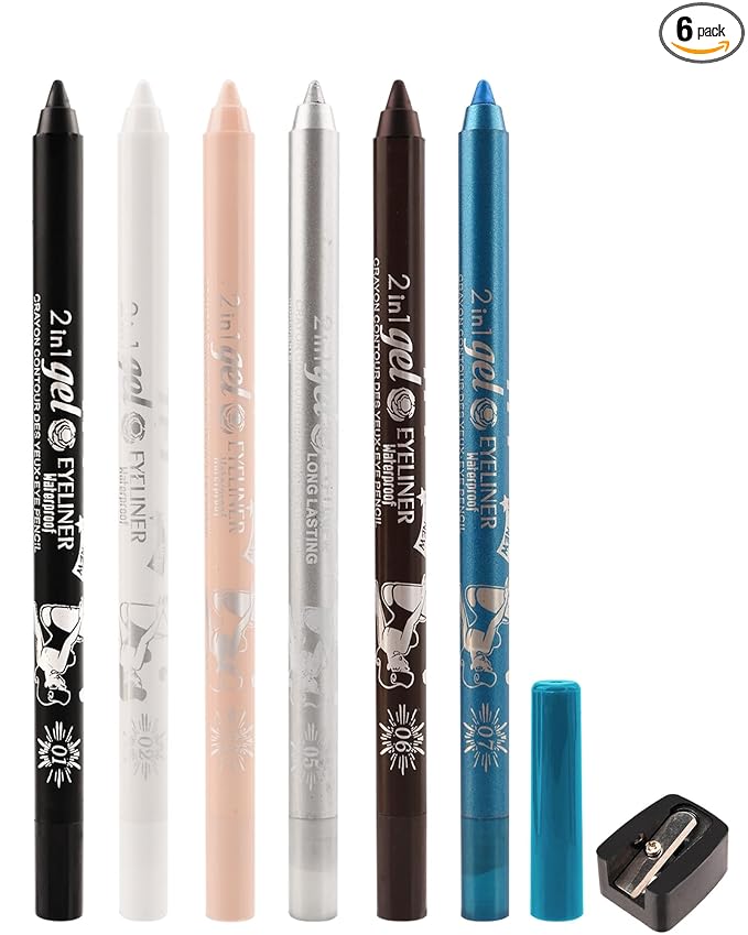6Pcs Waterline Eyeliner Gel Pencil Set, Longwear Eyeliner Waterproof Smudge-Proof, Eye Liner Brightener Pen with Sharpener, Soft Cream Rich Color Eye Makeup Pen, Black White Nude Silver Brown Sky Blue