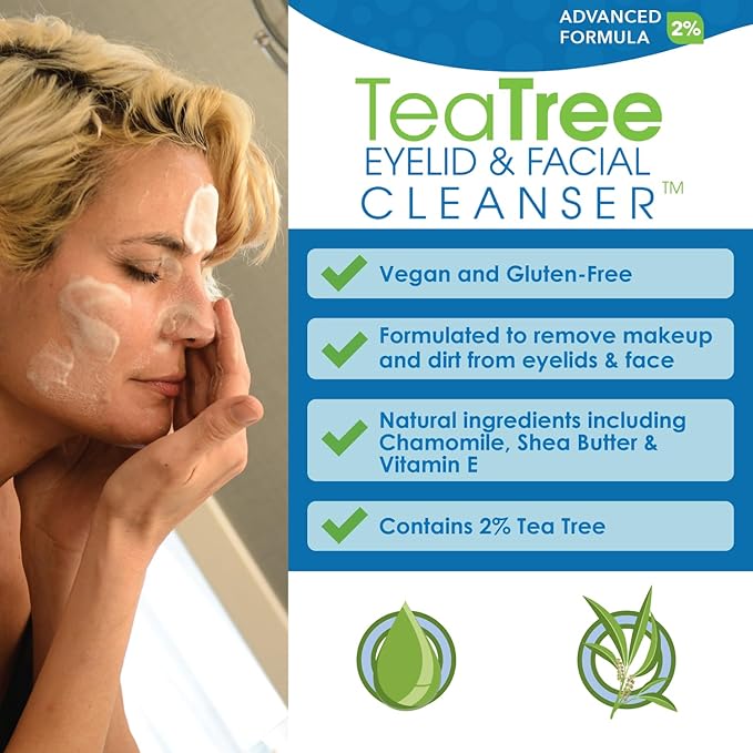 EyeEco Advanced Tea Tree Eyelid and Facial Cleanser - 180mL - Non-Irritating Eyelash & Eyelid Cleanser Soothes Irritation with Tea Tree, Vitamin E and Shea Butter