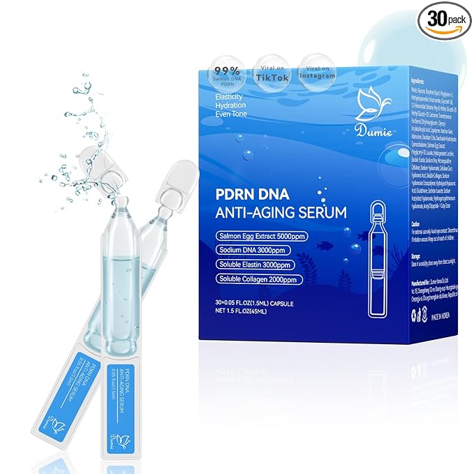 Salmon DNA PDRN Anti-Aging Serum, 5000ppm Salmon Egg DNA Ampoule, 2000ppm Collagen, Glutathione, Niacinamide & 6 Hyaluronic Acids, Korean Skincare for Wrinkles & Radiance,0.05 fl.oz x 30e