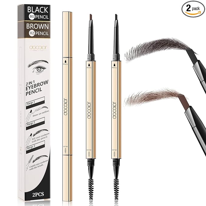 Docolor Makeup Micro Brow Pencil, Definer Eyebrow Pencils for Women Dual-Sided Ultra-Fine Microblading Eyebrow Pencil (Soft Brown and Black,2 Count)
