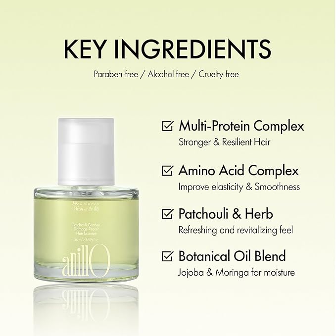 ANILLO Patchouli Garden Damage Repair Hair Essence – Korean Hair Essence Oil for Damaged Hair w/Patchouli Leaf Water, Protein Complex & Amino Acids – Vegan Leave in Hair Serum (50ml / 1.69 fl. Oz)