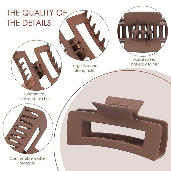 8 Pcs Large Hair Claw Clips 4.1 Inch Non-slip Big Square Matte Hair Claws for Women, Strong Hold Banana Clip for Thick Thin Hair(Grey/Khaki/Black)