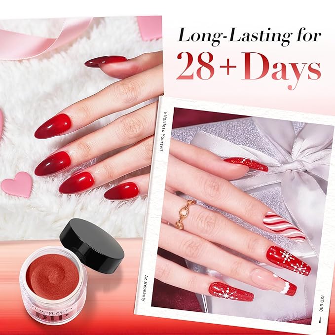AZUREBEAUTY Dip Powder, Red Glitter 6 Colors Dipping Powder Starter Kit with Heart-Shaped Sequins French Nail Art Manicure DIY Salon Valentine's Day Gift for Women, No Need Nail Lamp Cured