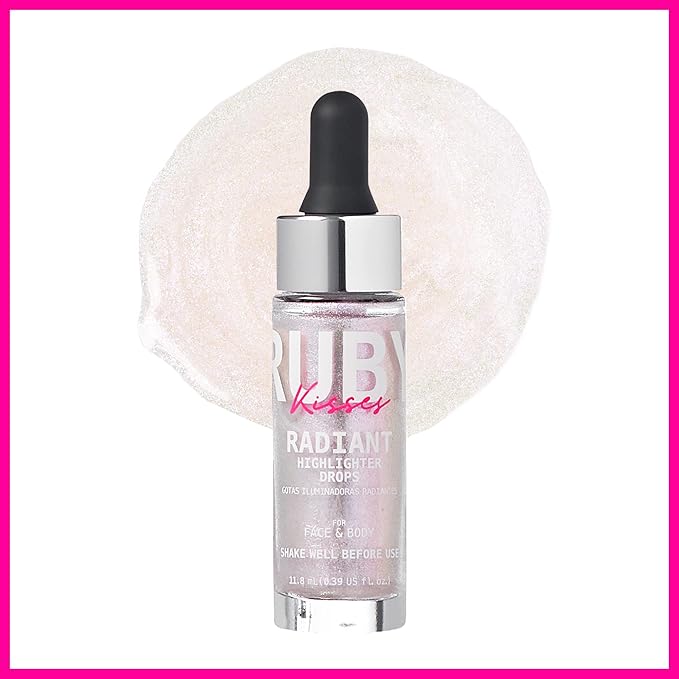 Ruby Kisses Radiant Drops, Shimmer Liquid Highlighter Makeup, Smooth Illuminator for Face Body, Natural Glow Dewiness Glitter for Skin (Unicorn)