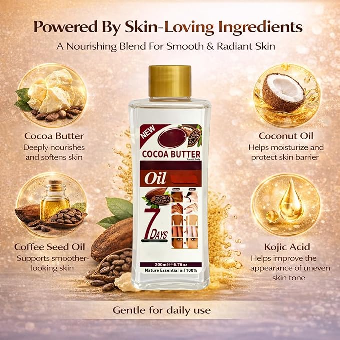 Cocoa Butter Oil for Massage and Skin Moisturizing, Lightweight Hydrating Body Oil for Dry Skin, Spa Body Care Oil with Cocoa Butter Extract, 200ml / 6.76 fl oz