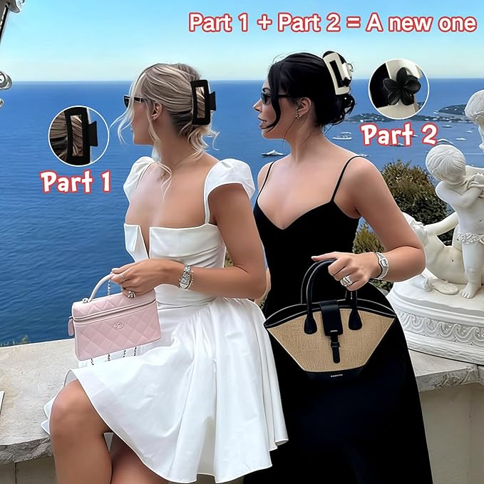 Hair Clips for Women,4PCS 4.13" Large Square Claw Clips for Thick Thin Hair Claws,8PCS 0.98" Mini Hawaiian Flower Hair Clips,Matte Cute Womens Hair Accessories for Girls (black,white)