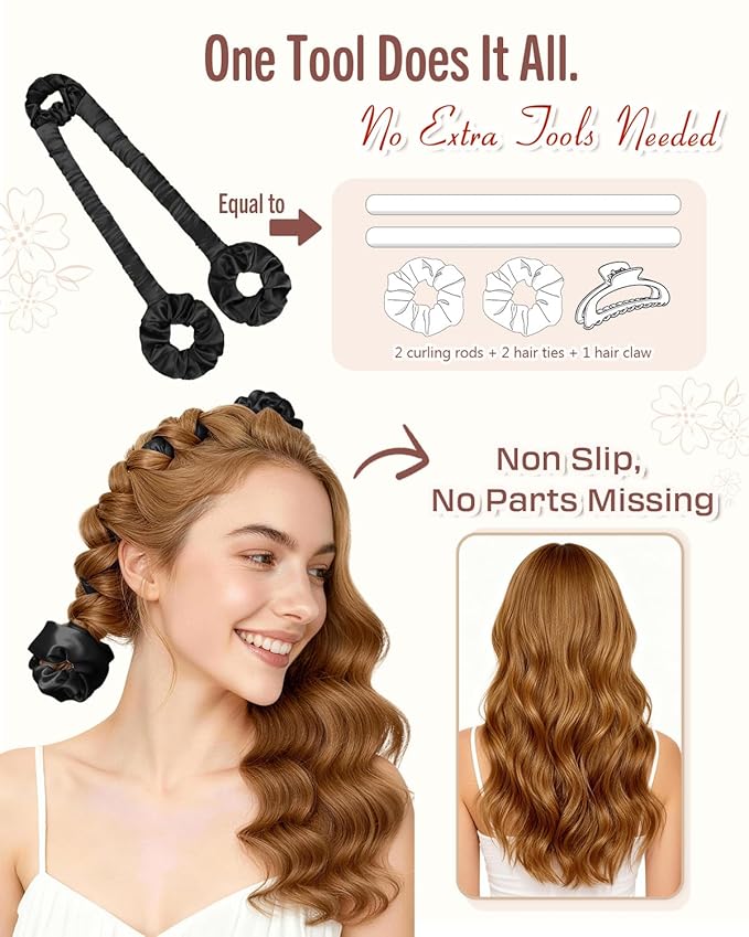 BONNET QUEEN Heatless Hair Curler for Heatless Curls Overnight, All-in-One Sleepy Tie Satin Curling Rod, Hair Curlers to Sleep In, Overnight Blowout Rods, Hair Rollers for Women Long Hair, Black