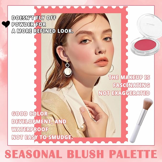 3Pcs Blush Palette for Cheeks with Make Up Brush,Face Matte Contour Blush Makeup Palette,Buildable Shimmer Facial Cheek Blusher Shades,Blendable Cosmetic Makeup Blush A