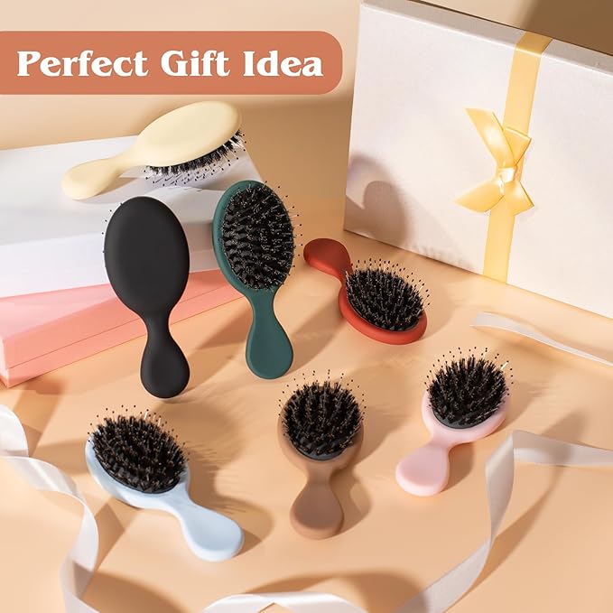 Mini Boar Bristle Hair Brush - Boar & Nylon Bristle Small Brush for Women Kids Long Short Hair to Smooth Add Shine - Travel Size Hair Brush for Purse,Pocket, Green