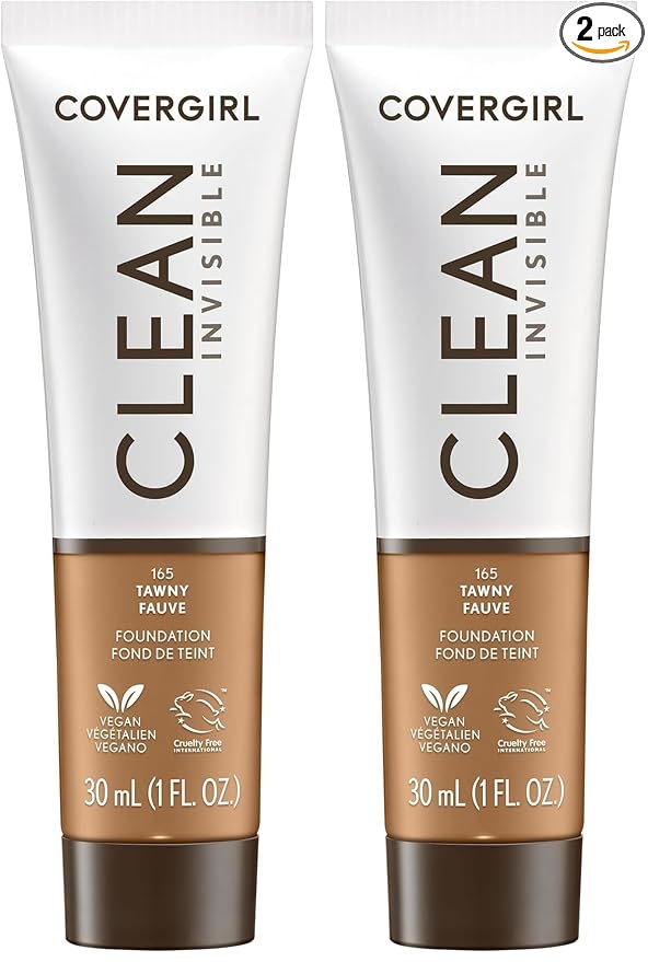 COVERGIRL Clean Invisible Foundation Makeup, Dewy & Glowy Natural Finish, Buildable Coverage, Skin-Like Smooth Look, Vegan, Tawny, 1oz (Pack of 2)