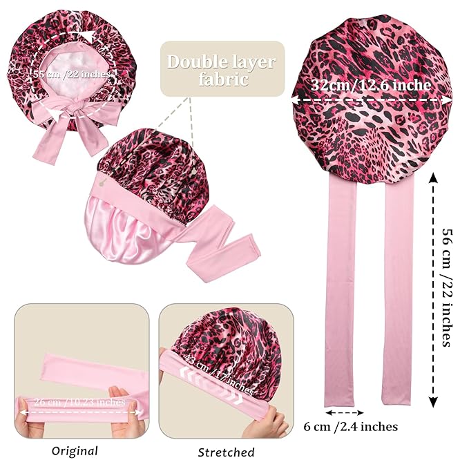 AWAYTR Satin Bonnet for Women Tie Band Hair Bonnet Large 2 Layered Silk Sleeping Cap Nightcap with 3PCS Hair Scrunchies (US, Alpha, One Size, Leoprad Print(Pink))
