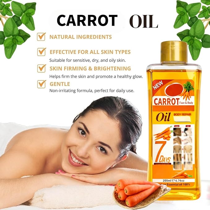 Carrot Oil for Massage and Skin Moisturizing, Lightweight Hydrating Body Oil for Dry Skin, Spa Body Care Oil with Carrot Extract, 200ml / 6.76 fl oz