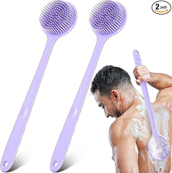 Sunnyray 2 Pack Silicone Back Scrubber for Shower with 15" Long Handle Double-Sided Bath Body Brush for Exfoliating Easy to Clean Quick Dry Deep Cleaning Lathers Well(Purple)