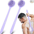 Sunnyray 2 Pack Silicone Back Scrubber for Shower with 15" Long Handle Double-Sided Bath Body Brush for Exfoliating Easy to Clean Quick Dry Deep Cleaning Lathers Well(Purple)