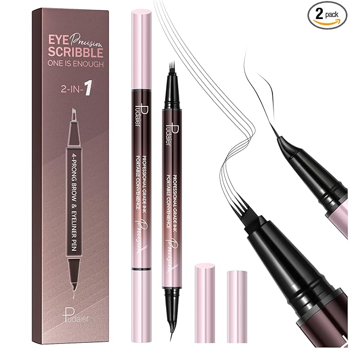 2 Pack Eyebrow Pen, Waterproof Microblading Eyebrow Pencil, 2-in-1 4 Tip Eye Brow Makeup Pen for Women with Precise Curved Brush-Tip Create Natural Hair-Like Brows, Last All-Day (Natural Black)