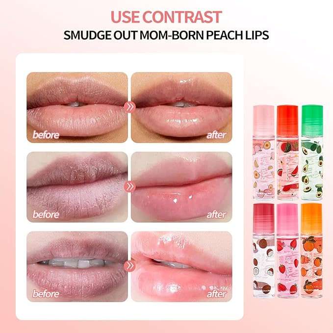 ADMD 6-Pack Tinted Lip Oil Roller Gloss - Hydrating & Non-Sticky for Dry Lips, Moisturizing Lip Care for Women & Men
