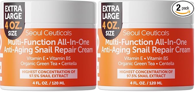 SeoulCeuticals Large 4oz 97.5% Snail Mucin Moisturizer Cream Korean Skin Care Day & Night Snail Repair for Face - K Beauty Anti Aging Facial Skincare (Pack of 2)