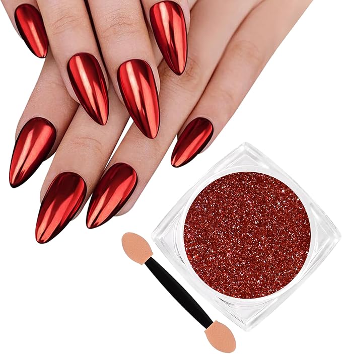 Chrome Nail Powder, Metallic Mirror Effect Chrome Powder Holographic Shimmer Glitter Dust Manicure Decoration Nail Art Pigment for DIY Gel Polish Nail Art, Resin Craft, Salon, Gifts - Red