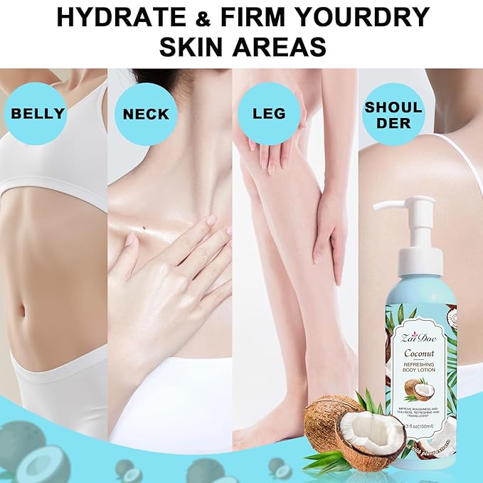 Body Lotion, 24hr Moisturizing & Deep Hydration, Absorbs Instantly Moisturizer for All Skin Types, 5.3 fl oz (1 Pack, Coconut)